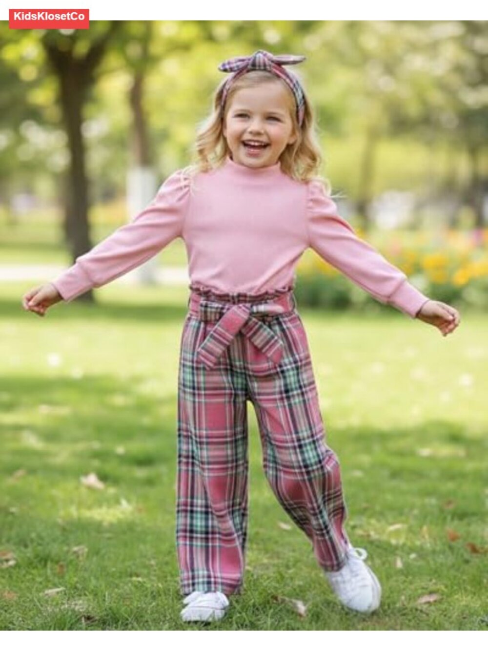 Girls Plaid 2 Piece Outfit Set Puff Sleeve Pullover and Pants Kids Clothing - Picture 2 of 6